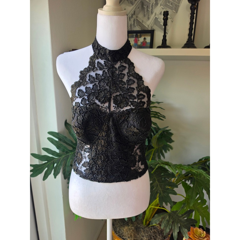 Fashion Fantasy Vintage Black Beaded Lace Halter Corset Top Medium RN 80236